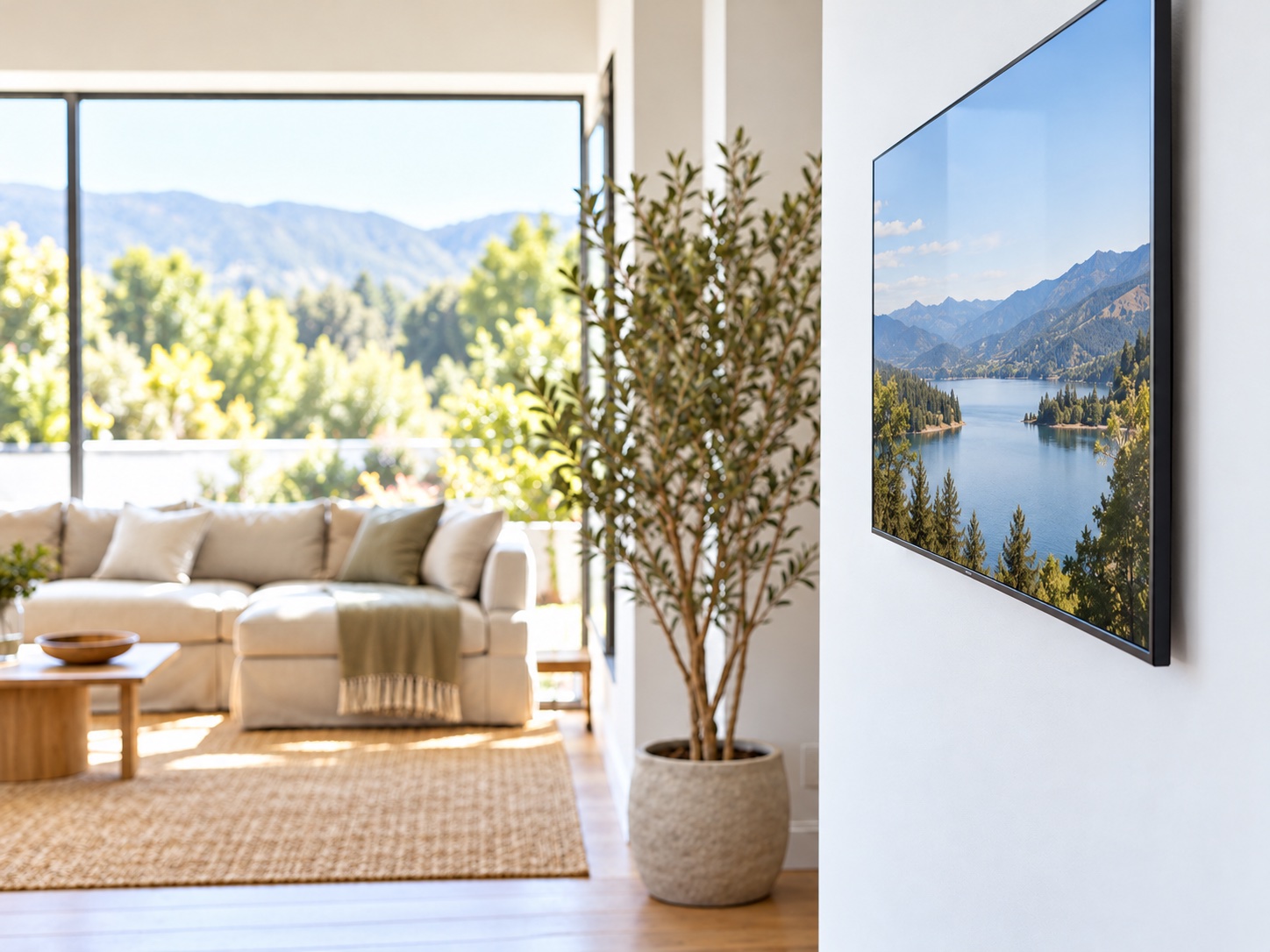 Wall-mounted TV in a bright, furnished living room
